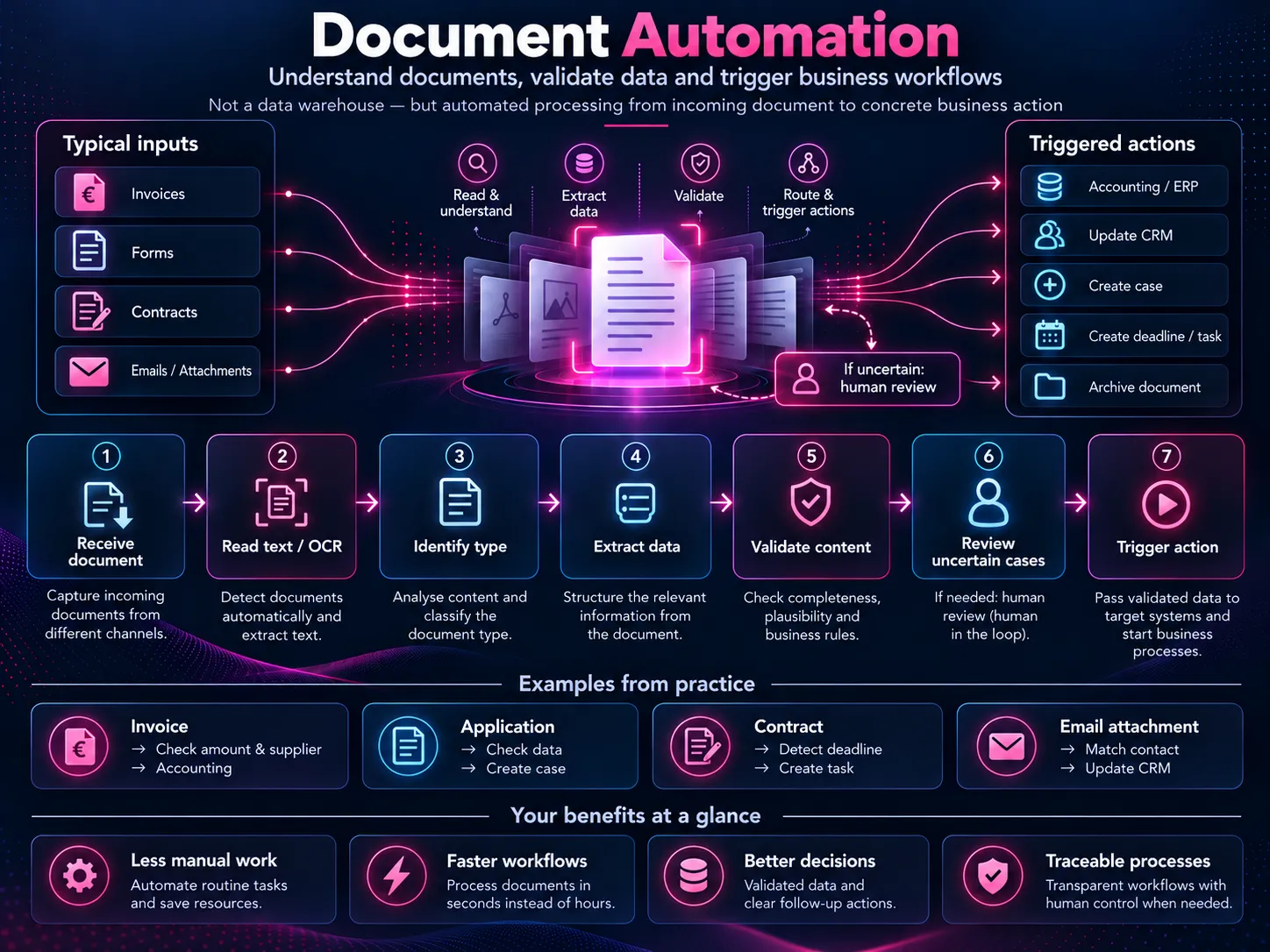 Document automation workflow: receive a document, read text, identify the document type, extract data, validate content, review uncertain cases and trigger a business action