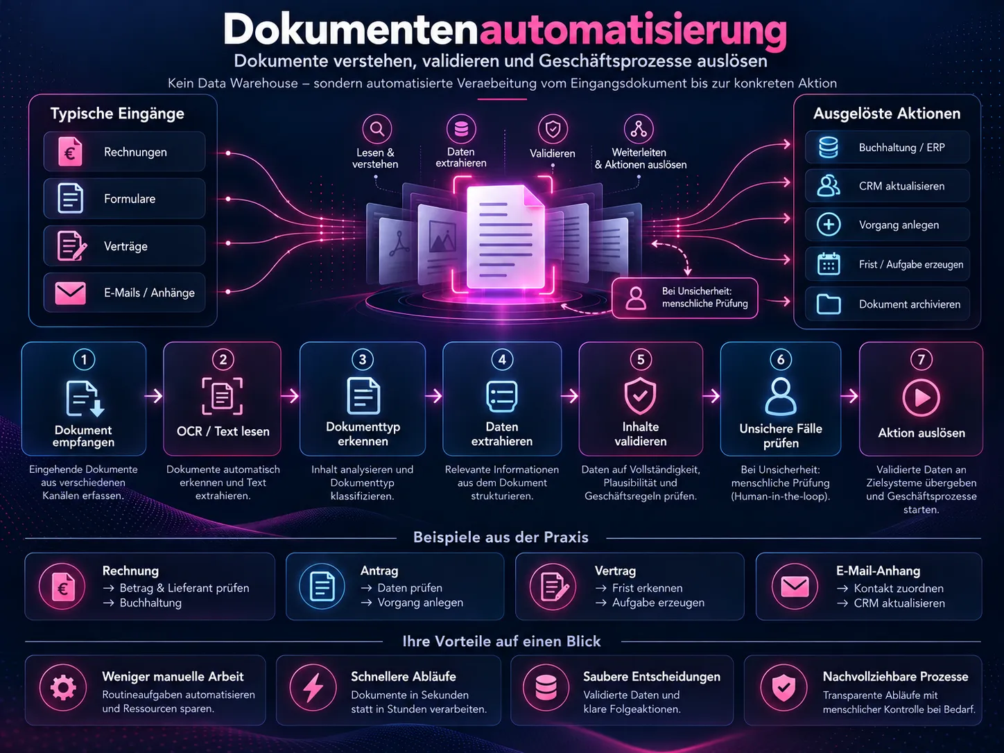 Dokumentenautomatisierung: Dokument empfangen, Text lesen, Dokumenttyp erkennen, Daten extrahieren, Inhalte validieren, unsichere Fälle prüfen und Geschäftsprozess auslösen